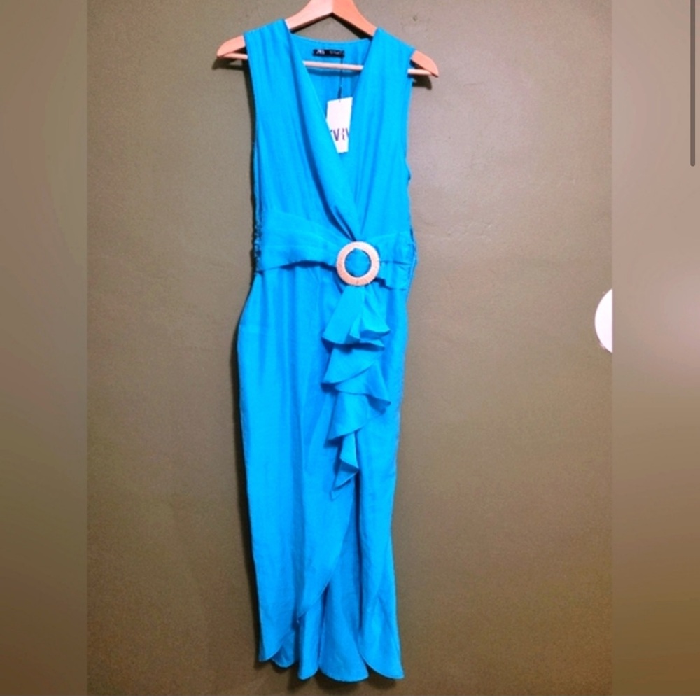 Zara Vibrant Blue Midi Dress with Ruffle and Belt